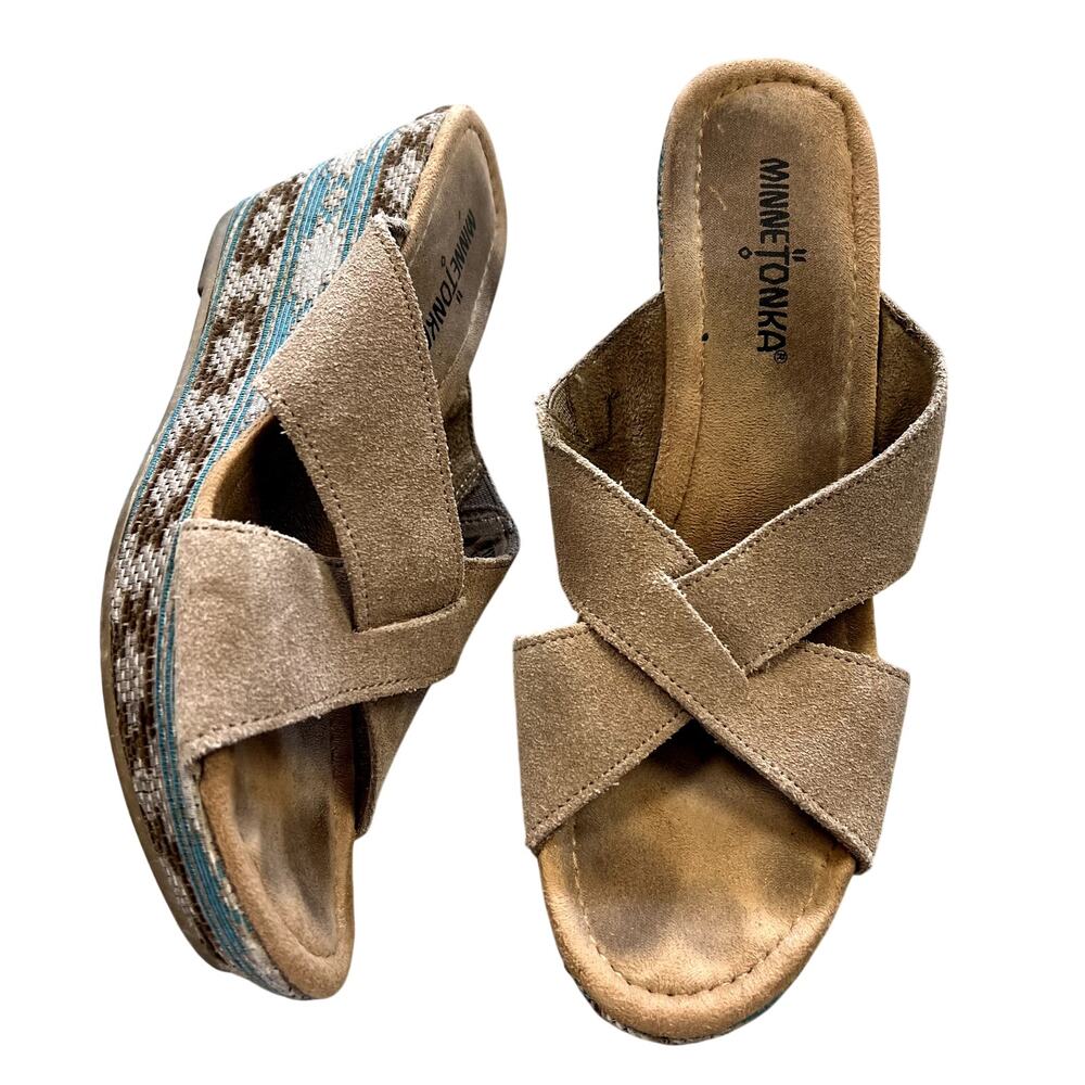 Minnetonka Aztec Wedge Open Toe Sandals Size 8